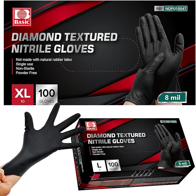 Jointown Basic Heavy Duty Nitrile Gloves, Mechanic Gloves 8 Mil Nitrile Disposable, with Raised Diamond Texture, Case of 100, Black, XLarge