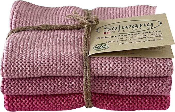 Solwang 3-Piece Danish Cotton Dishcloths in 100% Certified Organic Cotton Made in India (Rose Organic Combi), 619317045637