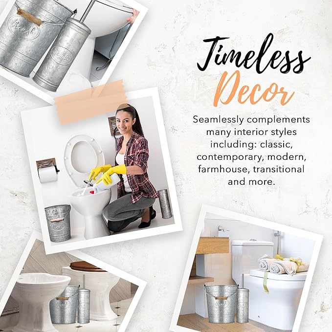Autumn Alley Rustic Farmhouse Trash Can and Toilet Brush Holder Set - Galvanized Bathroom Trash Can with Matching Toilet Brush, Rustic Farmhouse Bathroom Decor, Grey, 2 Gal.