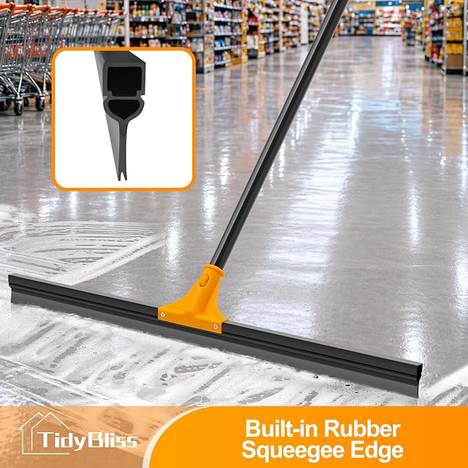 TidyBliss 30” Large Floor Squeegee Broom, Heavy Duty Rubber Foam Water Scraper, Epoxy Wiper Mop with 58.3 inches Long Handle for Cleaning Concrete Pool Rug Garage Deck Shower Window Outdoor (Orange)
