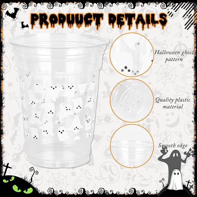 AimFun 50Pcs Summer Halloween Ghosts 12oz Clear Plastic Cups | White Black Ghosts, Disposable Party Cup, Summerween ,Cute Boo Spooky, for Candy Beverage Snacks Birthday Baby Shower