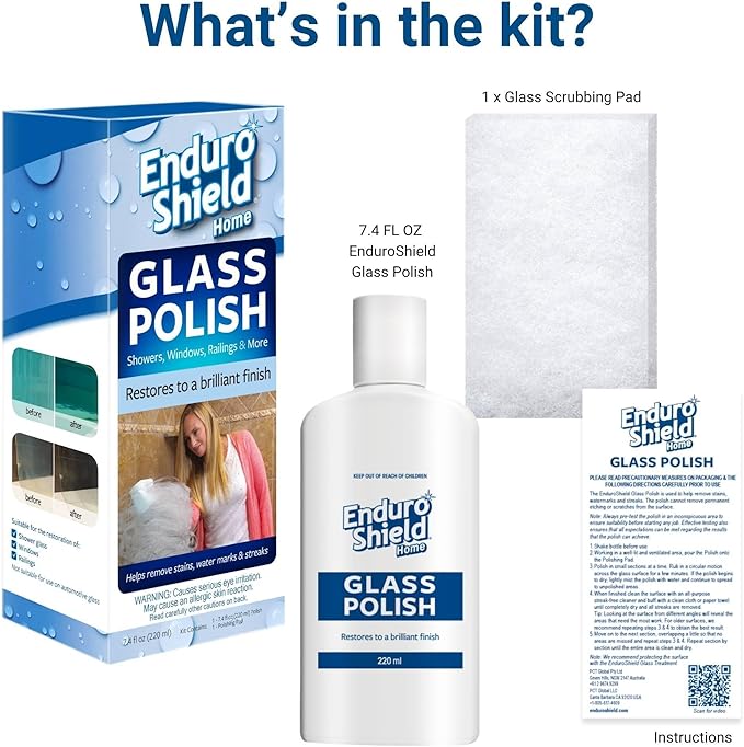 EnduroShield Shower Door Glass Polish – Water Spot Remover & Hard Water Stain Cleaner for Cloudy Shower Doors – Removes Soap Scum, Limescale & More – 7.4 fl oz