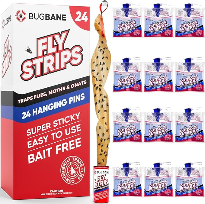 24 Sets of Fly Strips and 12 Sets of Disposable Outdoor Fly Trap Bundle