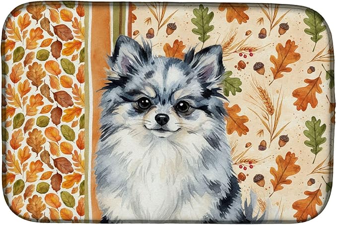 Caroline's Treasures Blue Merle Pomeranian Heirloom Fall Dish Drying Mat Absorbent Dish Drying Mat Pad for Kitchen Counter Dish Drainer Mat for Countertop, 14 x 21", Multicolor