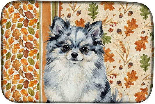 Caroline's Treasures Blue Merle Pomeranian Heirloom Fall Dish Drying Mat Absorbent Dish Drying Mat Pad for Kitchen Counter Dish Drainer Mat for Countertop, 14 x 21", Multicolor