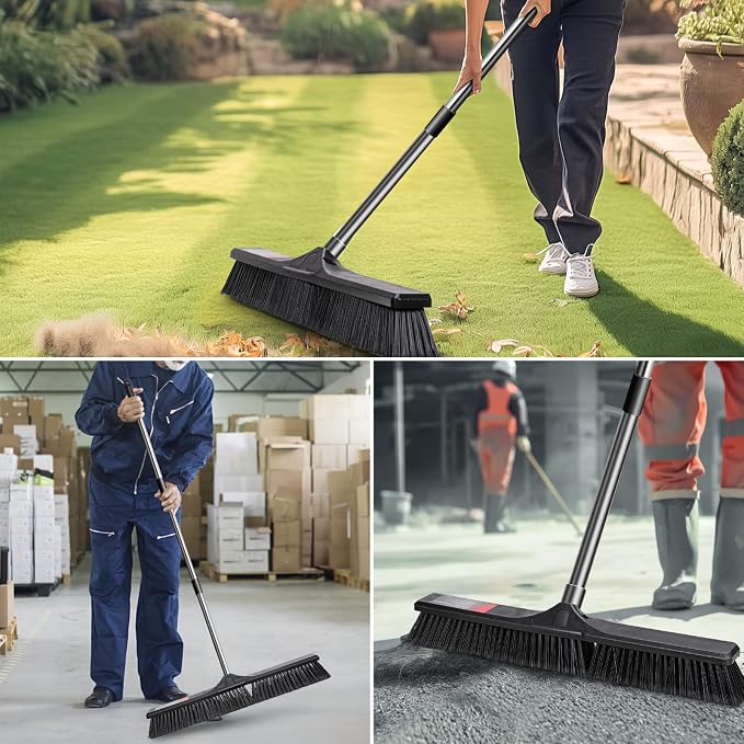 Masthome 24" Push Broom with Stiff Bristles,& 32'' Commercial Dust Mop, 60'' Adjustable Flat Mop with Long Handle, 1 Cotton & 2 Microfiber Mop Pads