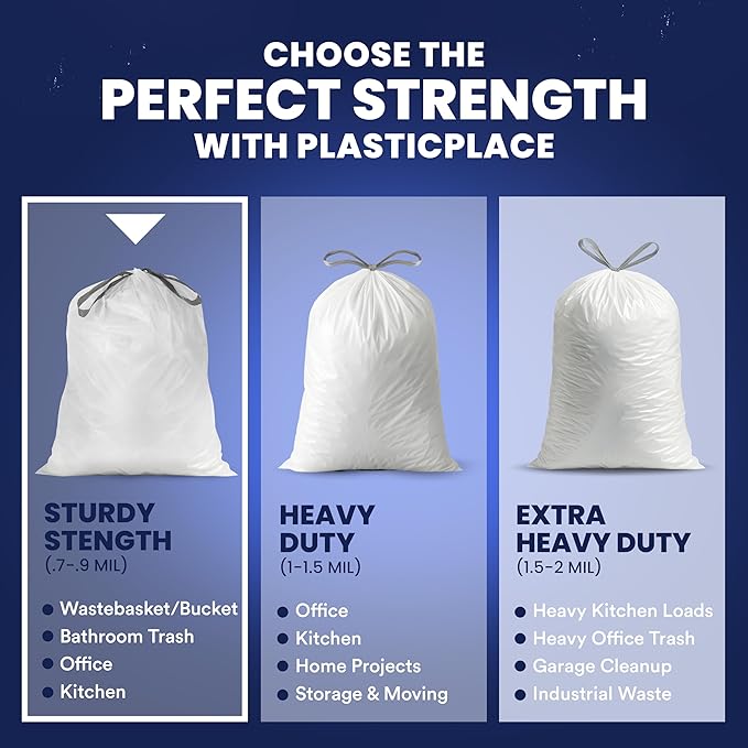 Plasticplace 13 Gallon Trash Bags │ 0.9 Mil │ White Tall Garbage Can Liners │ 24" x 27" (200 Count)