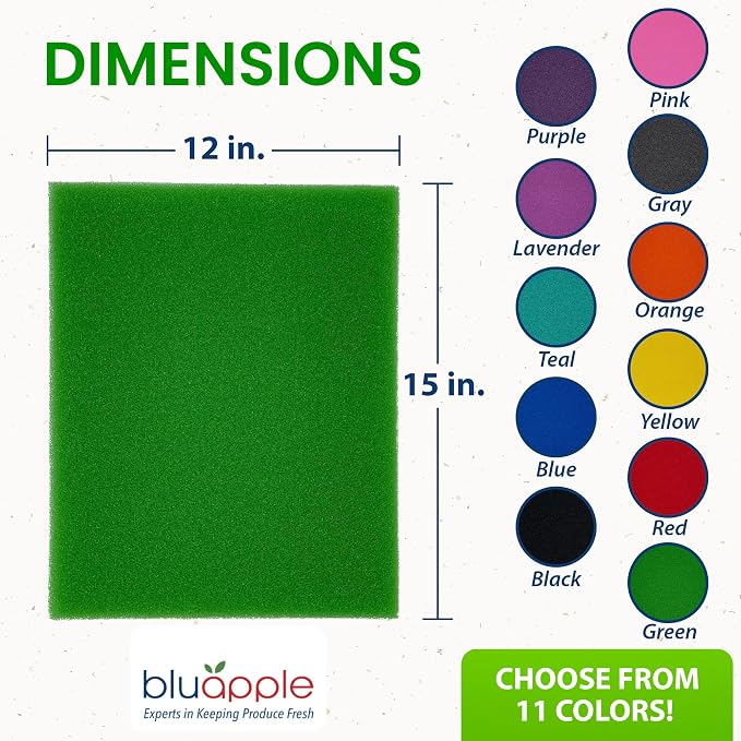 Bluapple FreshMats - Refrigerator Bin Liners, Fridge Drawer Mats - Keeps Produce Fresh Longer, Prevents Bruising, Promotes Air Circulation - BPA-Free Polyurethane Foam - (4-Piece Set, 12"x15", Green)