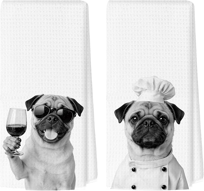 Funny Pug Kitchen Towels Set of 2, Dog Kitchen Bar Accessories, Dog Chef Gifts for Women Decorative Hand Towels for Kitchen Decor, Pug Lovers Dish Tea Towel, 16x24 Inch
