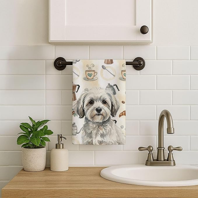 Caroline's Treasures White with Gray Coton de Tulear Coffee Bar Kitchen Towel Velour Plush Front and Cotton Loop Back Machine Washable
