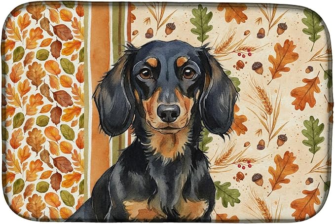 Caroline's Treasures Longhaired Black and Tan Dachshund Heirloom Fall Dish Drying Mat Absorbent Dish Drying Mat Pad for Kitchen Counter Dish Drainer Mat for Countertop, 14 x 21", Multicolor