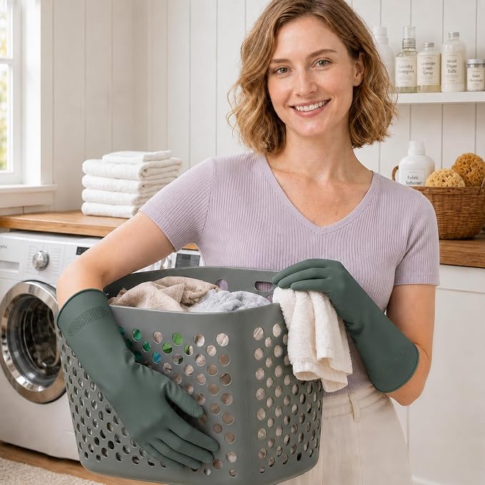 Rubber Cleaning Gloves, Waterproof Non-Slip Long Cuff Dishwashing Household Kitchen Gloves, Gray+Green, Medium, 3 Pairs