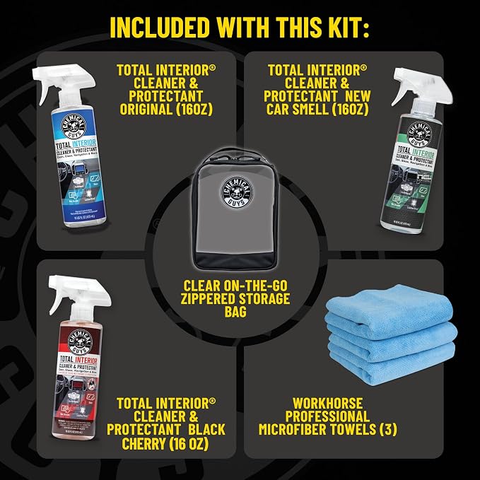 Chemical Guys Total Interior Cleaner Variety Kit With Storage Bag | 3 Scents, Fresh, New Car, & Black Cherry Scents, 3 Microfiber Towels, & Giftable Car Care Bag