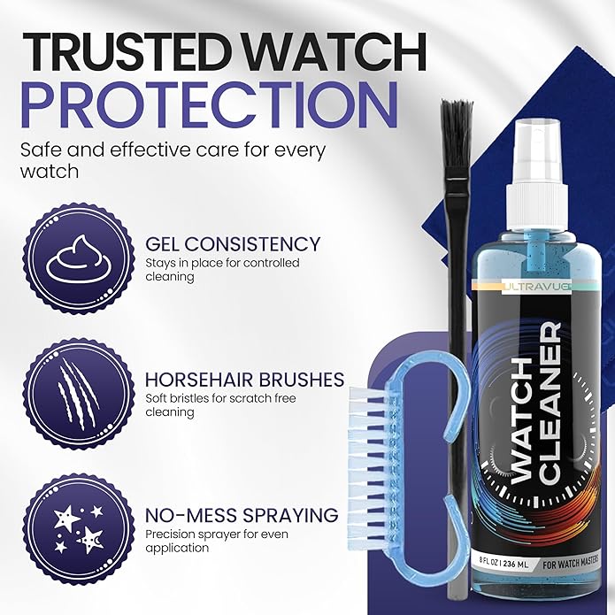 Watch Cleaning Kit - Cleans All Watches and Jewelry Including Metals, Crystals and Rubber - 1 x 2oz and 1 x 8oz Watch Cleaner Gel Spray, 3 x Microfiber Cloth, 2 x Horsehair Brush