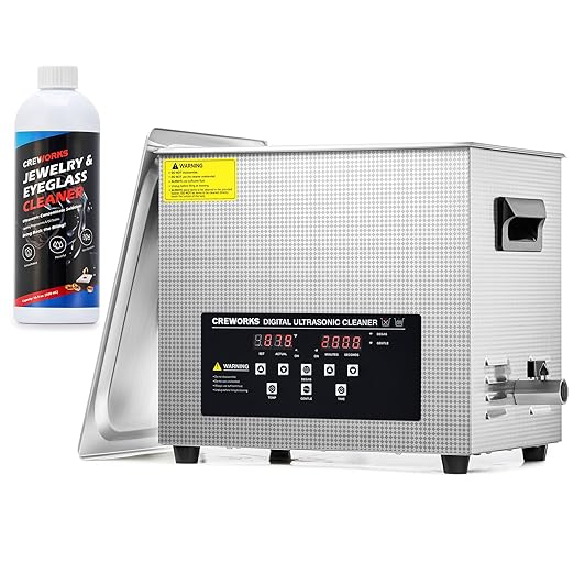 CREWORKS 10L Digital Ultrasonic Cleaner with Degas Gentle Modes, and 17 fl oz Jewelry Cleaner Solution
