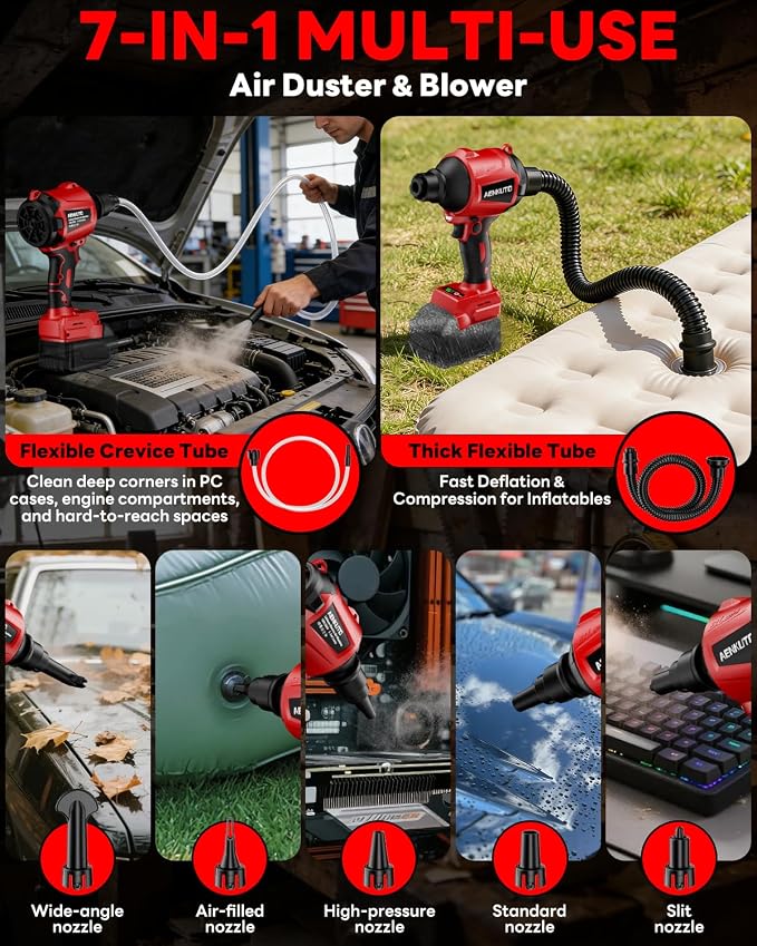Cordless Compressed Air Duster & Blower Compatible with Milwaukee 18V Battery Brushless Handheld Dust Air Blower, 3-Speed Control, 7-in-1 Nozzles, Portable Inflatable Pump for Camping (No Battery)