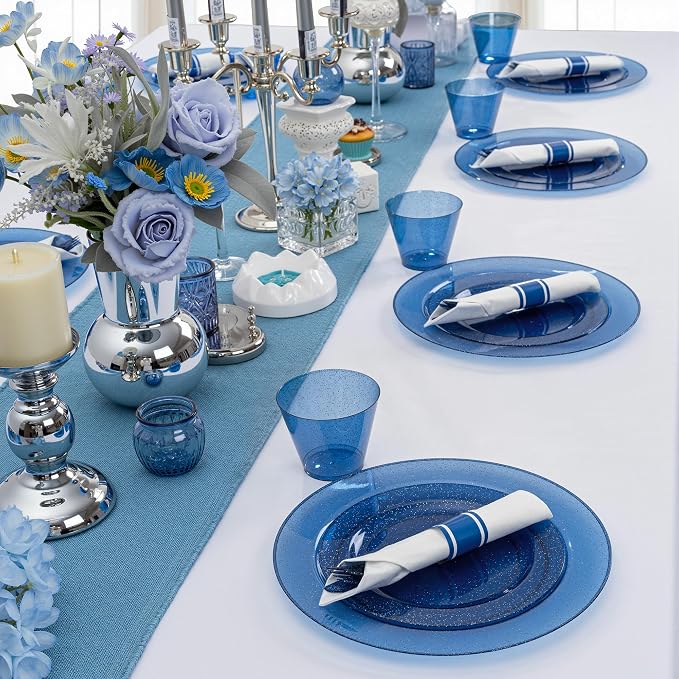 DaYammi 210PCS Cobalt Blue Glitter Plastic Dinnerware Set for 30 Guests, Fancy Disposable Plates for Party, Include: 30 Dinner Plates, 30 Dessert Plates, 30 Pre Rolled Napkins with Silverware, 30 Cups