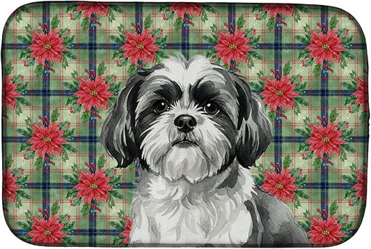 Caroline's Treasures Black and White Shih Tzu Christmas PoinsettIas Dish Drying Mat Absorbent Dish Drying Mat Pad for Kitchen Counter Dish Drainer Mat for Countertop, 14 x 21", Multicolor