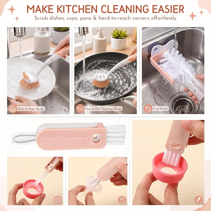 10 Pack Dish Brush Set for Household Use Kitchen Scrub Brushes with Non-Slip Long Handle Multi-Purpose Cleaning Brushes for Dishes Pot Pan Kitchen Sink Tub Cup Clothes Shoes Floor (Pink)
