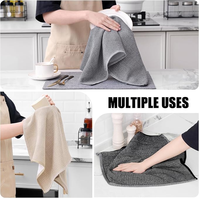 Homaxy Premium Kitchen Towels(18”x 28”, 3 Pack), Large Cotton Kitchen Hand Towels, Flat and Terry Dish Towels, 380 GSM Highly Absorbent Tea Towel Set with Hanging Loop, Grey/Khaki/Black