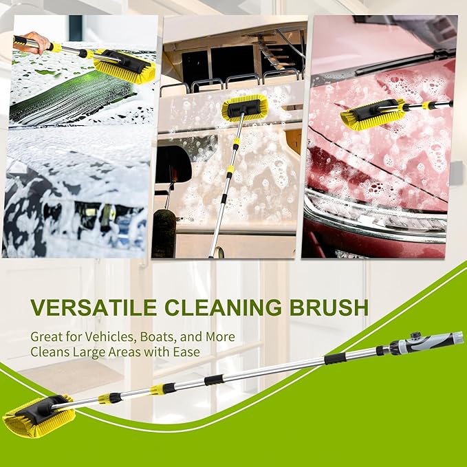 SISUPASSIE 12FT Car Wash Brush with Long Handle, Telescopic Car Wash Brush with Soap Dispenser, 12-Inch Soft Bristle Car Cleaning Brush for Cleaning Car, RV, Truck, Boat, Solar Panels, Yellow