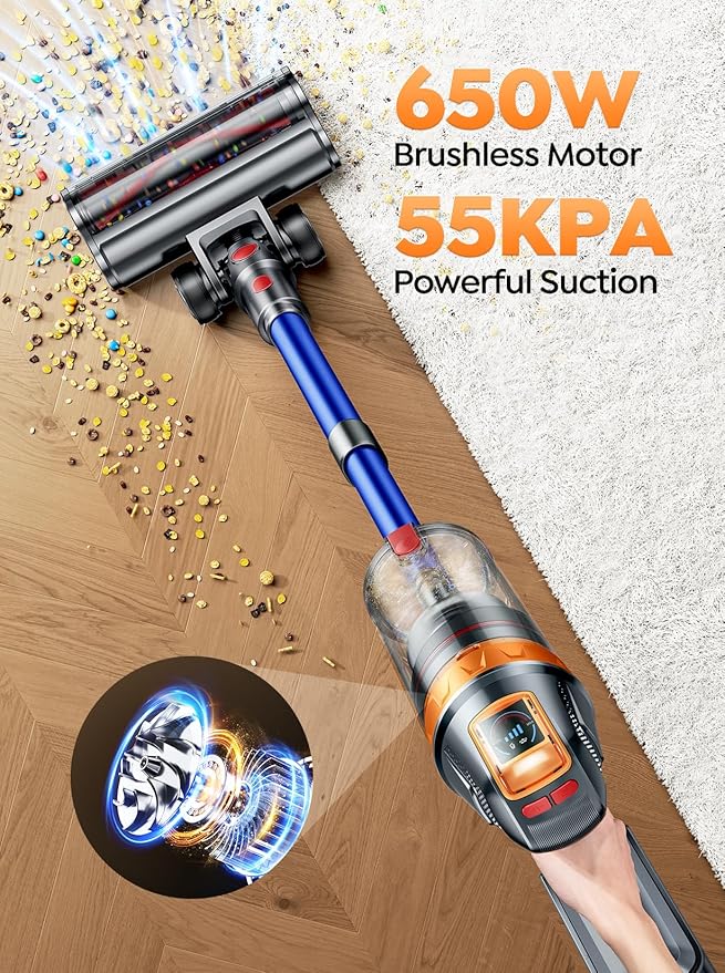 Cordless Vacuum Cleaner, 650W 55KPA 70Min with Extra Mattress Cleaning Tool, Stick Vacuum Cleaners for Home, Self-Standing, Wall Mount Charging, Rechargeable Vacuum Cordless for Floor Pet Hair Carpet