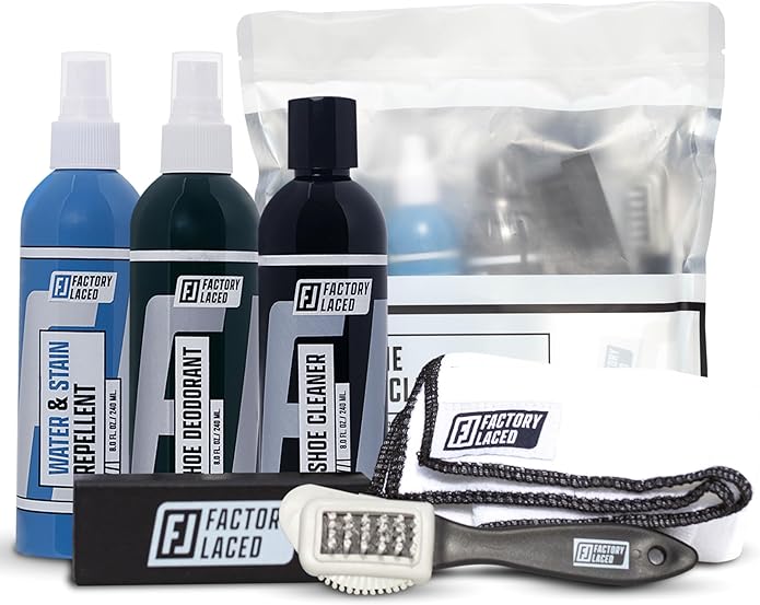 FACTORY LACED Sneaker Care Kit — Shoe Cleaner with Deodorizer & Water Repellent Spray, 2 Brushes & Microfiber Towel — Works on Jordan, Nike, Adidas — Leather, Suede, Canvas & Mesh