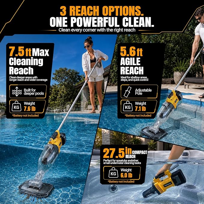 Cordless Handheld Pool Vacuum for Above Ground Pool Compatible for Dewalt 20V Battery, Swimming Leaf Vacuum Cleaner with Suction 18.5 GPM ｜7.5Ft ft Max Reach Ideal for Leaves & Debris (No Battery)