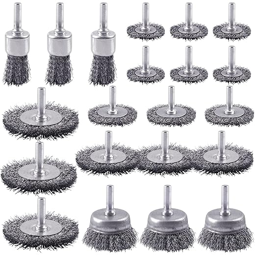 Rocaris 21-Pack Carbon Steel Wire Wheel, Cup, Pen Brush Set with 1/4-Inch Round Shank for Rust Removal, Corrosion and Scrub Surfaces