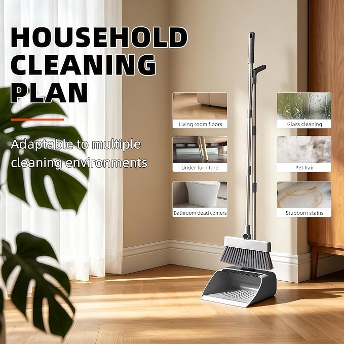 SDSM 4 in 1 Multifunctional Broom and Dustpan Combo Set, Heavy Duty Brooms with 52" Long Handle, with Squeegee and Cleaning Brush, for Clean Home Kitchen Bathroom Office, Sweeping indoor Outdoor Floor