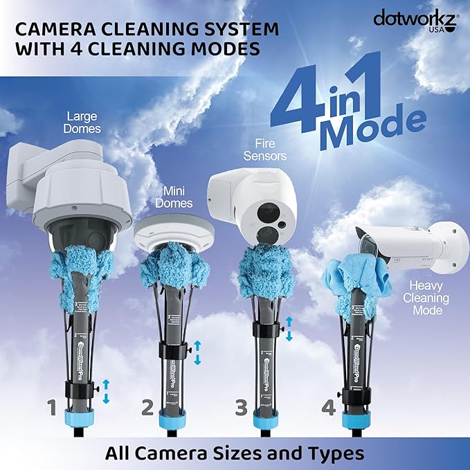 DomeWizard™ Compact Security Camera Cleaning Kit with Pole – Streak-Free Lens Cleaner for Dome, PTZ, Mini Dome & Bullet Cameras – Reusable Microfiber Mitt + 8oz Cleaning Solution