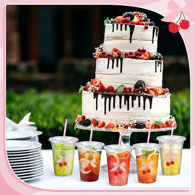 Sliner 50 Pcs 16 oz Coquette Disposable Plastic Cups with Straw for Pink Bow Cherry Party Supplies Bow Cups Birthday Wedding Bridal Engagement Party Drinkware Baby Shower Decoration
