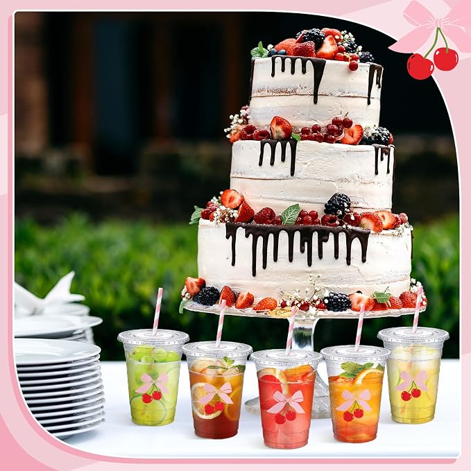 Sliner 25 Pcs 16 oz Coquette Disposable Plastic Cups with Straw for Party Supplies Bow Cups Birthday Wedding Bridal Engagement Party Drinkware Baby Shower Decoration (Cherry Bow)