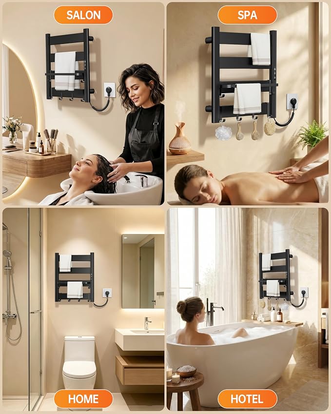 4-Bar Heated Towel Rack for Bathroom with Shelf and Hooks, Wall Mounted Plug-in Electric Towel Warmer, Fast PTC Heating in 6 Minutes, 3 Temperature Levels & 6 Timer Settings, Matte Black
