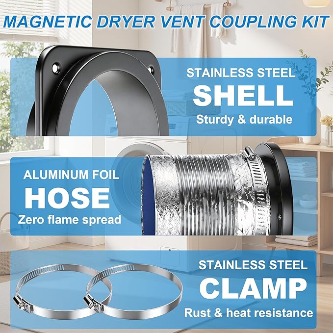 Magnetic Dryer Vent Coupling Connector Kit, Strong Magnet Airtight Seal, Quick Connect Disconnect, Easy to Clean Flexible 4" Exhaust Duct with 2 Clamps & Screws for Tight Spaces