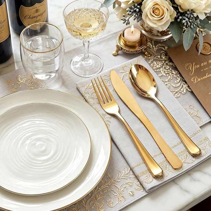 WDF 160 Piece Gold Plastic Silverware - Heavy Duty Gold Silverware Includes 80 Forks, 40 Spoons, 40 Knives, Plastic Utensils Perfect for Wedding, Christmas Party