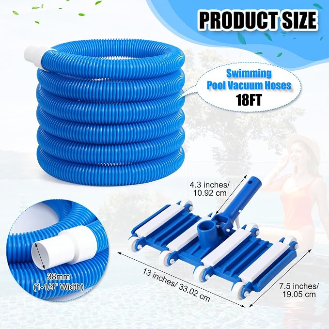 2 Pcs Pool Cleaning Vacuum Kits include 14" Swimming Pool Vacuum Head with Flexible Wheels and 1-1/2" x 18 FT Hoses for Inground Above Ground Pond Cleaning, Pole Not Included(Right Corner)