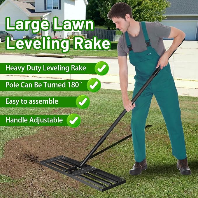 Lawn Leveling Rake 34"x10",Lawn Leveling Tool with 68" Long Adjustable Stainless Steel Handle for Leveling Soil,Grass,Sand or Dirt,Heavy Duty Lawn Leveler for Backyard,Garden,Golf Course,Farm,Pasture
