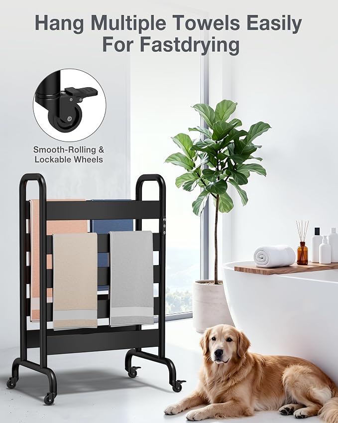 Freestanding Heated Towel Rack 10-Bar, Double Layer Electric Towel Warmer with Wheels, 400W Fast Heating, Adjustable Temperature 110–170°F, Timer & Auto Shut-Off, Space Aluminum, Black