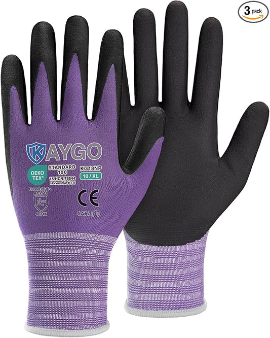 KAYGO Safety Work Gloves MicroFoam Nitrile Coated, 3 Pairs KG18NB,Seamless Knit Nylon Glove for Men and Women, Ideal for Automotive,Warehouse,Construction (XL, Purple)