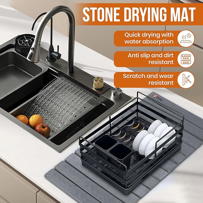 Stone Drying Mat for Kitchen Counter - Large Slats Dark Gray Foldable Diatomaceous Earth Dish Drying Mat | Foldable and Super Absorbent Dish Drying Stone Mat (12 Slats - XL)