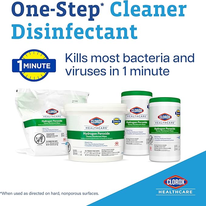 Clorox Healthcare Hydrogen Peroxide Cleaner Disinfectant Wipes, 6.75" x 9", 95 Count, Pack of 6 (Package May Vary)