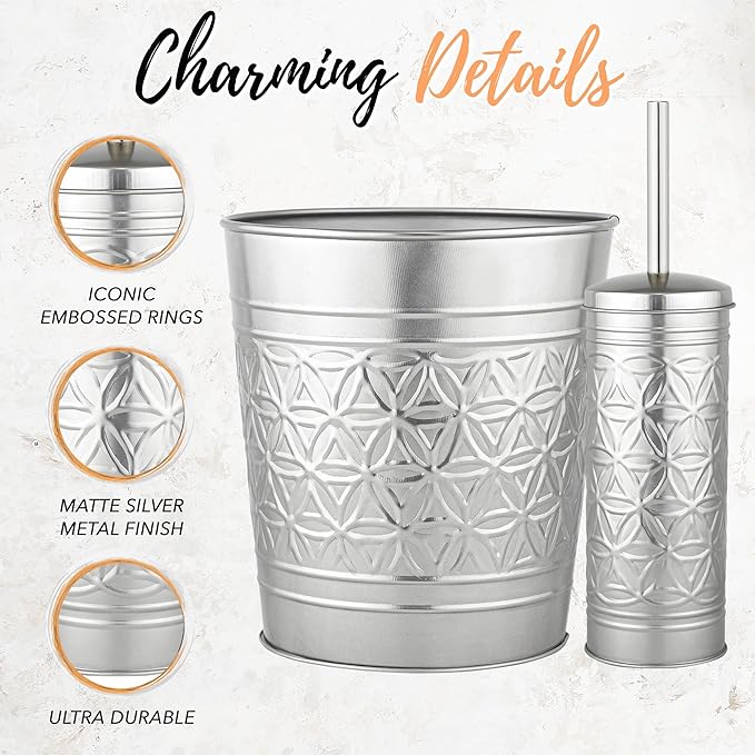 Autumn Alley Brushed Nickel Bathroom Trash Can and Toilet Brush Set – 2-Piece Silver Metal Bathroom Accessories Set, Modern Farmhouse & Transitional Bathroom Decor