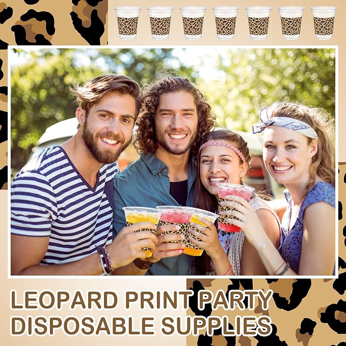 Qinyoung 100 Pcs Plastic Cups 12oz Disposable Cups Bulk Drinking Cup for Cold Drinks Baby Shower Wedding Birthday Valentine's Day Party Supplies (Leopard Print)