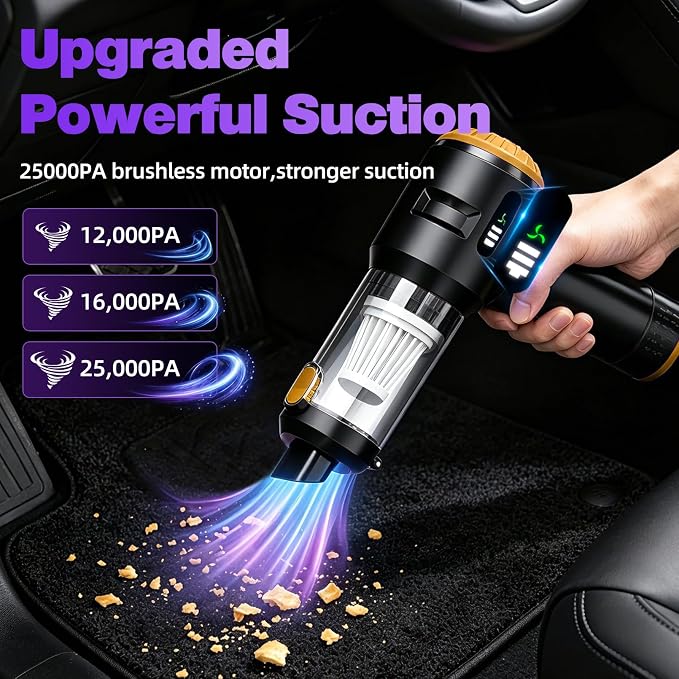 Wansimoo Handheld Car Vacuum Cleaner,25000PA Strong Cyclonic Suction Mini Vacuum Portable Cordless with Digital Display and One Touch Dust Removal for Car, Home, Office, Kitchen (Gold)
