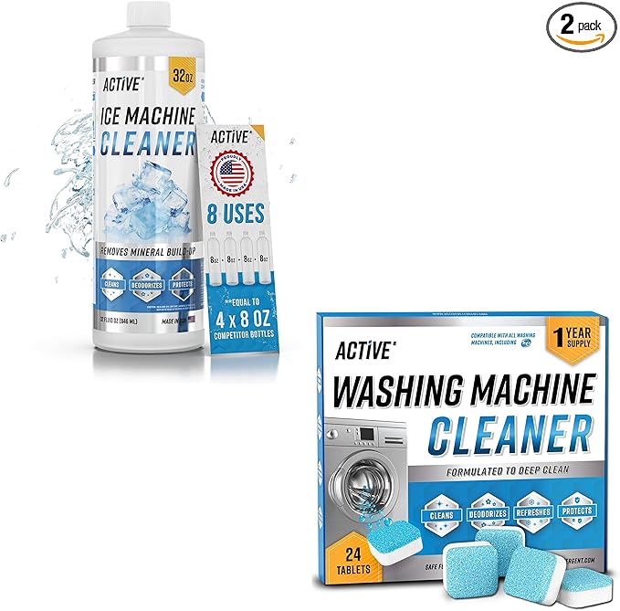 ACTIVE Ice Machine Cleaner and Washing Machine Cleaner - Includes 32oz Ice Maker Cleaning Solution and 24ct Washer Cleaner Tablets