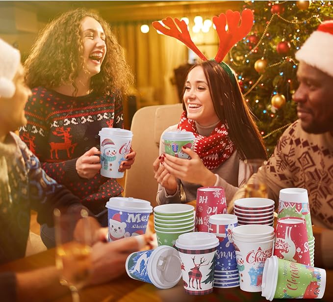 Christmas Cups with Lids 12oz Disposable Coffee Cups Paper Cups with Lids 10 Designs Christmas Party Supplies, Xmas Disposable Party Cups Drinkwear for both Hot and Cold Drinks, 60 Pack