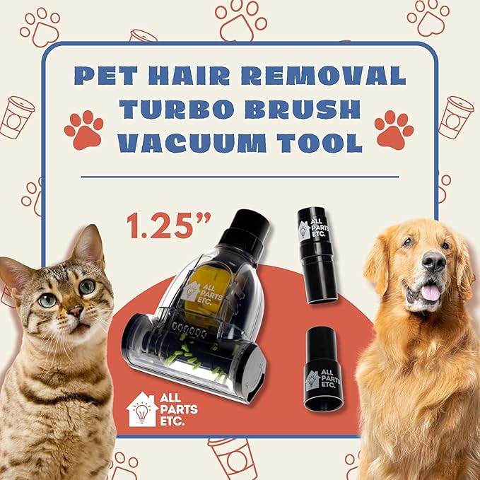 Pet Hair Removal Turbo Brush Vacuum Tool, Pet Hair Vacuum Attachment & Two Adapters for 1 3/8” 1-1/4" & 1.5" Compatibility with Shop-Vac, Shark, Miele, Bissell, Hoover, Eureka