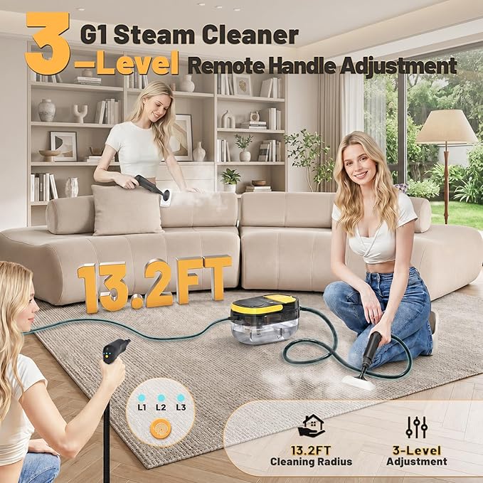 Gautye Steam Cleaner, 3 Level Adjustable Handle with 15 Accessories, Black | 15s Heat Up, 1.69 Quarts Tank, Handle Steam Cleaner for Home, Steamer for Cleaning for Kitchen, Grout, Dirt, Tile, Floor, Car