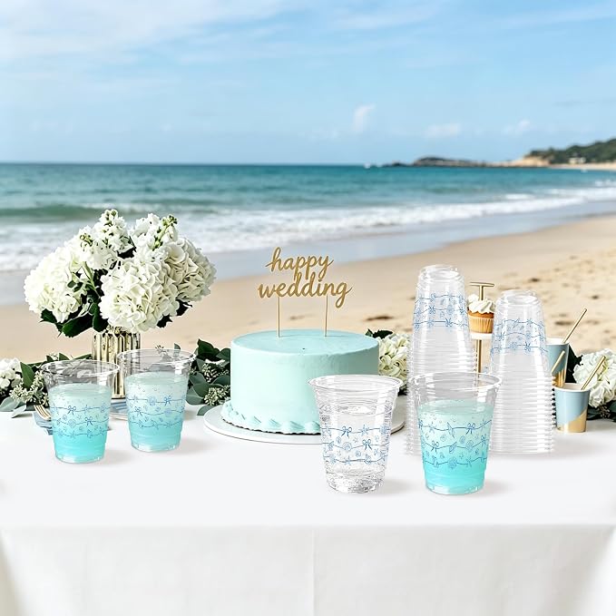 100 Pack Ocean Plastic Cups 12 oz Blue Starfish Seashell Bow Disposable Cup Clear Under The Sea Drinking Cold Beverage Cup for Summer Beach Party Supplies